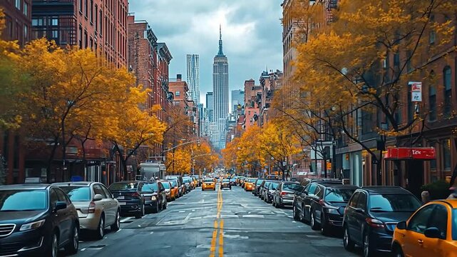 Autumn street scene with yellow taxis and Empire State Building in NYC