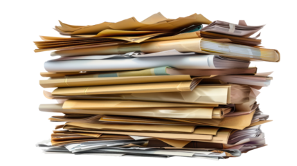 Pile of Papers: A chaotic heap of documents, envelopes, and papers creates a visual metaphor for paperwork, bureaucracy, or a backlog of tasks.