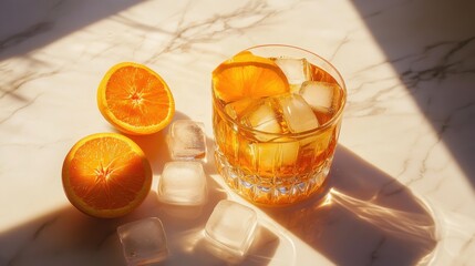 Sunlit Orange Cocktail with Ice Cubes on Marble