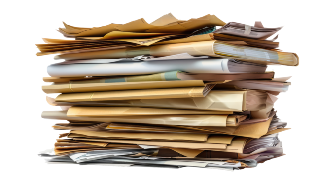 Pile of Papers: A chaotic heap of documents, envelopes, and papers creates a visual metaphor for paperwork, bureaucracy, or a backlog of tasks.