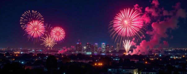 New Year fireworks exploding in the night sky over a cityscape, nighttime scene, pyrotechnics, countdown