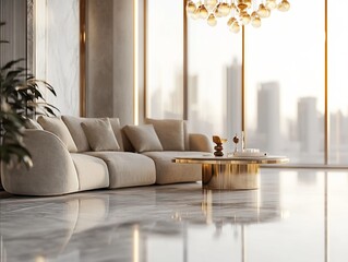 Beige Sectional Sofa, Gold Coffee Table, and City View in Modern Living Room