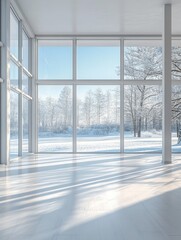 Fototapeta premium A bright, empty room with large windows showcasing a snowy landscape outside.