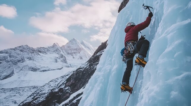 A mountain climber making their way up a vertical ice wall with ice axes
