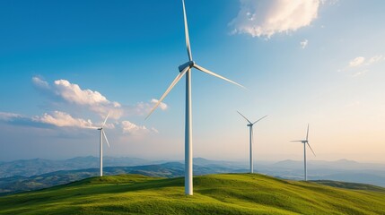 Wind turbines on a green hill under a clear blue sky.