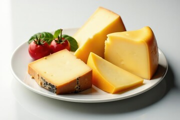 Elegant cheese plate, various cheeses, white backdrop , selection, foodphotography, goatcheese