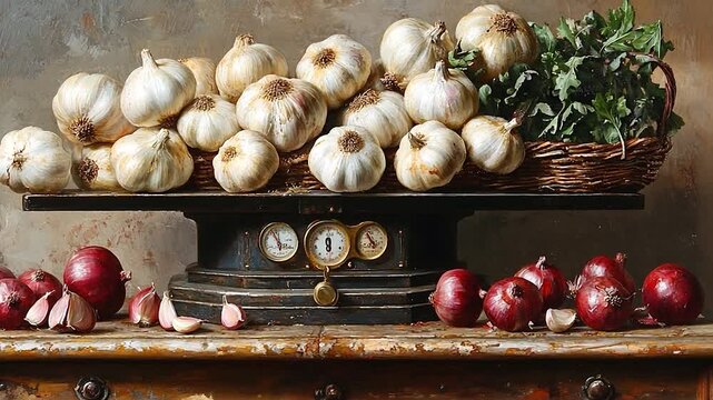 Fresh garlic and red onions displayed on a vintage scale in a rustic kitchen