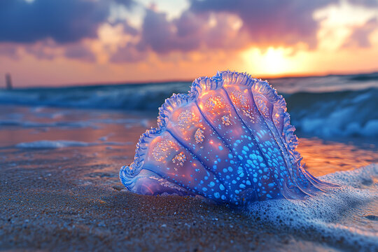 Stunning Portuguese Man o' War Specimen on Sandy Beach Shoreline
