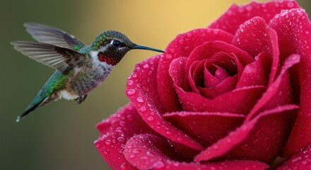 Fototapeta premium Vibrant hummingbird hovering near a dew-kissed rose, showcasing nature's beauty in a serene garden - hummingbird at flower