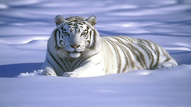 Majestic white tiger resting in snowy landscape.