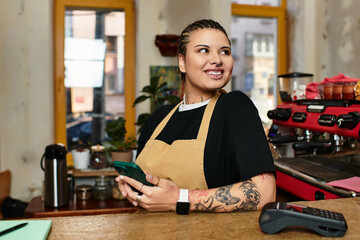 Charming young woman engaged with customers at a cozy cafe