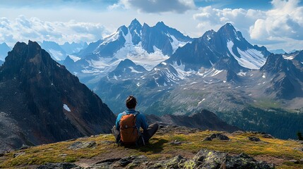 Fototapeta premium A lone hiker resting on a high-altitude plateau, gazing at the rugged peaks ahead