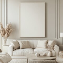 Minimalist living room with beige sofa, pampas grass, and large blank canvas.