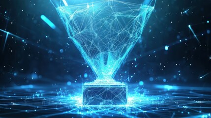 Futuristic digital trophy made of glowing blue lines and polygons, symbolizing achievement and innovation in a high-tech, virtual environment illustration