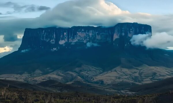Mount Roraima, a flat-topped mountain shrouded in mist, rising dramatically from the surrounding jungle in Venezuela