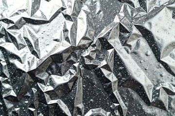 Shiny silver foil texture with scattered, fragmented, and distorted metallic fragments in a chaotic abstract composition, fractured, shimmering