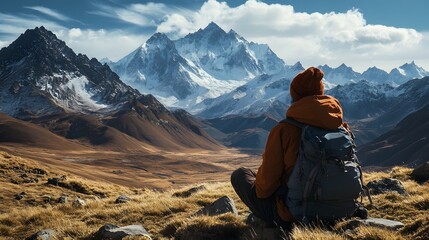 Fototapeta premium A lone hiker resting on a high-altitude plateau, gazing at the rugged peaks ahead
