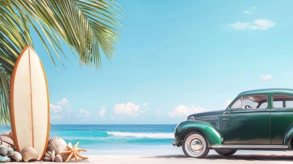Vintage classic car parked on a tropical beach with palm trees surfboard and stunning ocean views on a sunny day