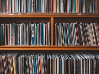 Photo of a quaint record store with vinyl albums stacked on wooden shelves