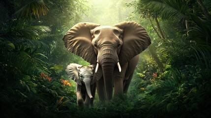Fototapeta premium A majestic elephant and its calf stand amidst lush greenery, symbolizing the beauty of wildlife in a vibrant jungle setting.