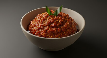Bowl of Red Chili Paste Topped with Green Leaves on Background