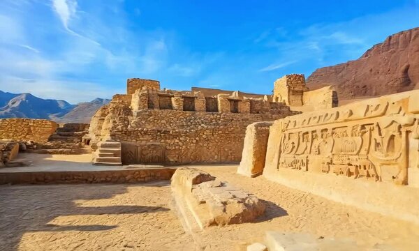 The ancient ruins of Chan Chan, the largest pre-Columbian city in Peru, with intricate carvings and adobe walls