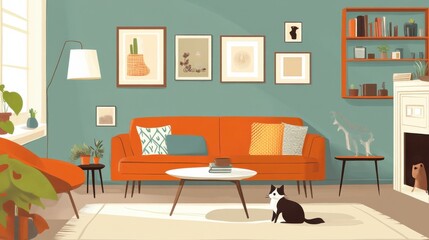Modern living room with pets illustration