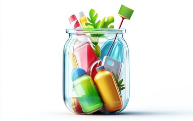 Obraz premium Glass jar filled with eco-friendly household items, reducing plastic waste, isolated on white background