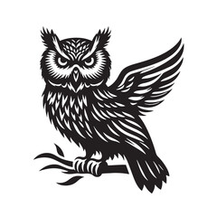 Black Color Owl Silhouette Vector Illustration, Solid White Background