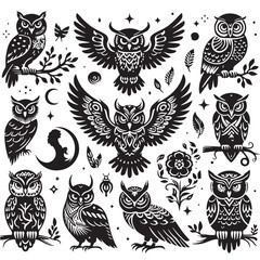 Black Color Owl Silhouette Vector Illustration, Solid White Background