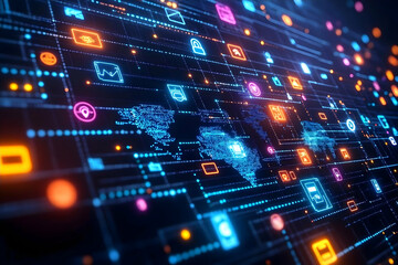Abstract Digital Global Network with Neon Icons and World Map