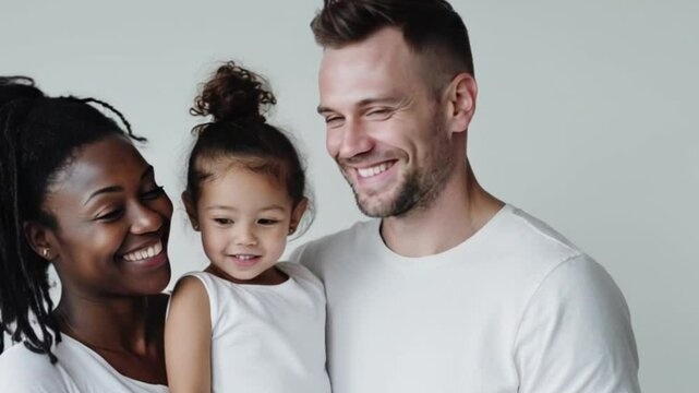Portrait of a happy interracial family with a little girl . A concept of love, family unity, cultural diversity, and inclusion. Harmony in multicultural families, adoption, and love familly.