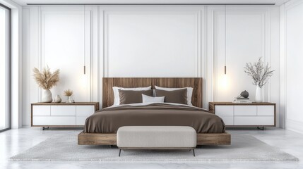 This modern and minimalist bedroom showcases a serene and elegant design with warm wood accents clean lines and a calming uncluttered atmosphere