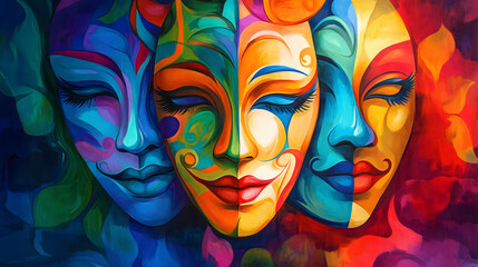 An artistic and vibrant illustration of multicolored theater drama comedy tragedy masks