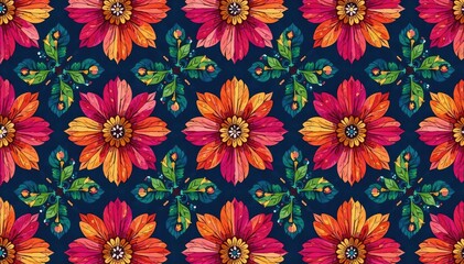 Intricate floral pattern, vibrant colors, repeating design, plant, art