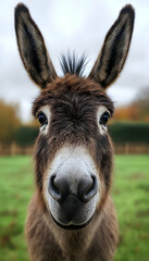 Close-up of a donkey with large ears and a white nose on a grassy field with trees in the background