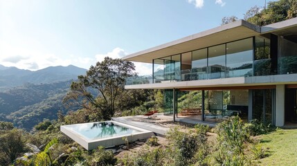 Modern glass house nestled among lush mountainside with infinity pool serenity