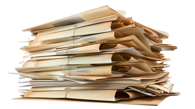 Pile of Documents: A close-up shot showcases a disorganized heap of aged papers, suggesting paperwork overload or the essence of history and bureaucracy.