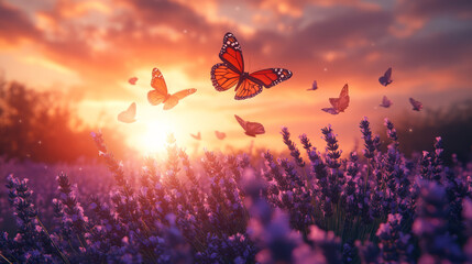 Butterflies flutter gracefully over vibrant lavender, bathed in warm, blissful sunset glow