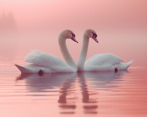 Fototapeta premium Two elegant swans gracefully swimming in a serene misty lake at dawn