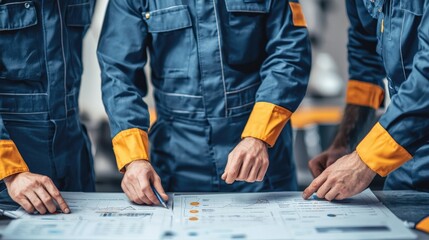 Workers in blue overalls discuss plans on a table, highlighting teamwork and collaboration in a professional environment.