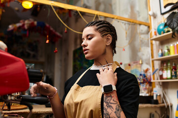 Young woman brewing coffee in a cozy cafe while showcasing her unique style and charm