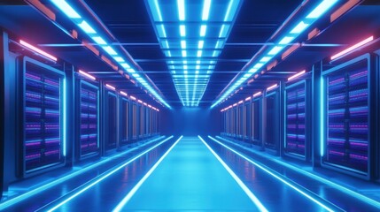 Obraz premium A modern data center showcasing rows of servers with vibrant blue lights, representing advanced technology and storage solutions.