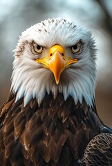 Close-up shot of a bald eagle's head with piercing eyes staring directly at the camera, sharp detail and natural textures, set against a softly blurred sky background in professional animal photograph