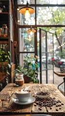Fototapeta premium Latte in cozy coffee shop with city view