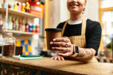 Bright mornings at the cafe with a cheerful young woman serving coffee
