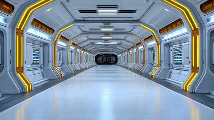 Obraz premium Futuristic Spaceship Corridor: A Gleaming Passage Through Modern Sci-Fi Architecture