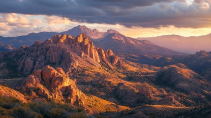 Fototapeta premium Scenic Patagonia landscape at sunset with rugged mountains and dramatic clouds