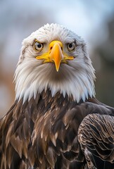 Obraz premium Close-up shot of a bald eagle's head with piercing eyes staring directly at the camera, sharp detail and natural textures, set against a softly blurred sky background in professional animal photograph