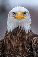 Fototapeta premium Close-up shot of a bald eagle's head with piercing eyes staring directly at the camera, sharp detail and natural textures, set against a softly blurred sky background in professional animal photograph